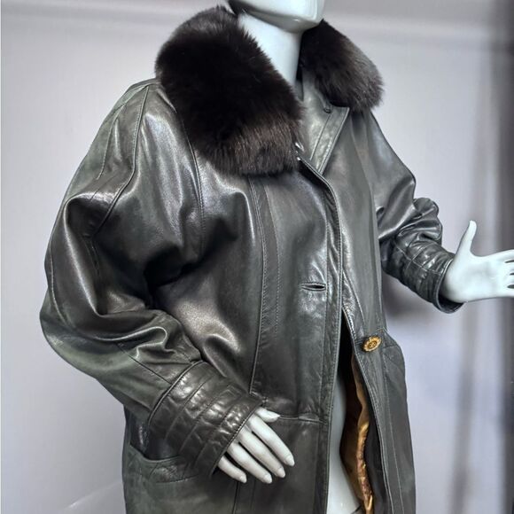 Black Leather Fur-Trim Trench Coat W/ Gold Buttons - Picture 6 of 15